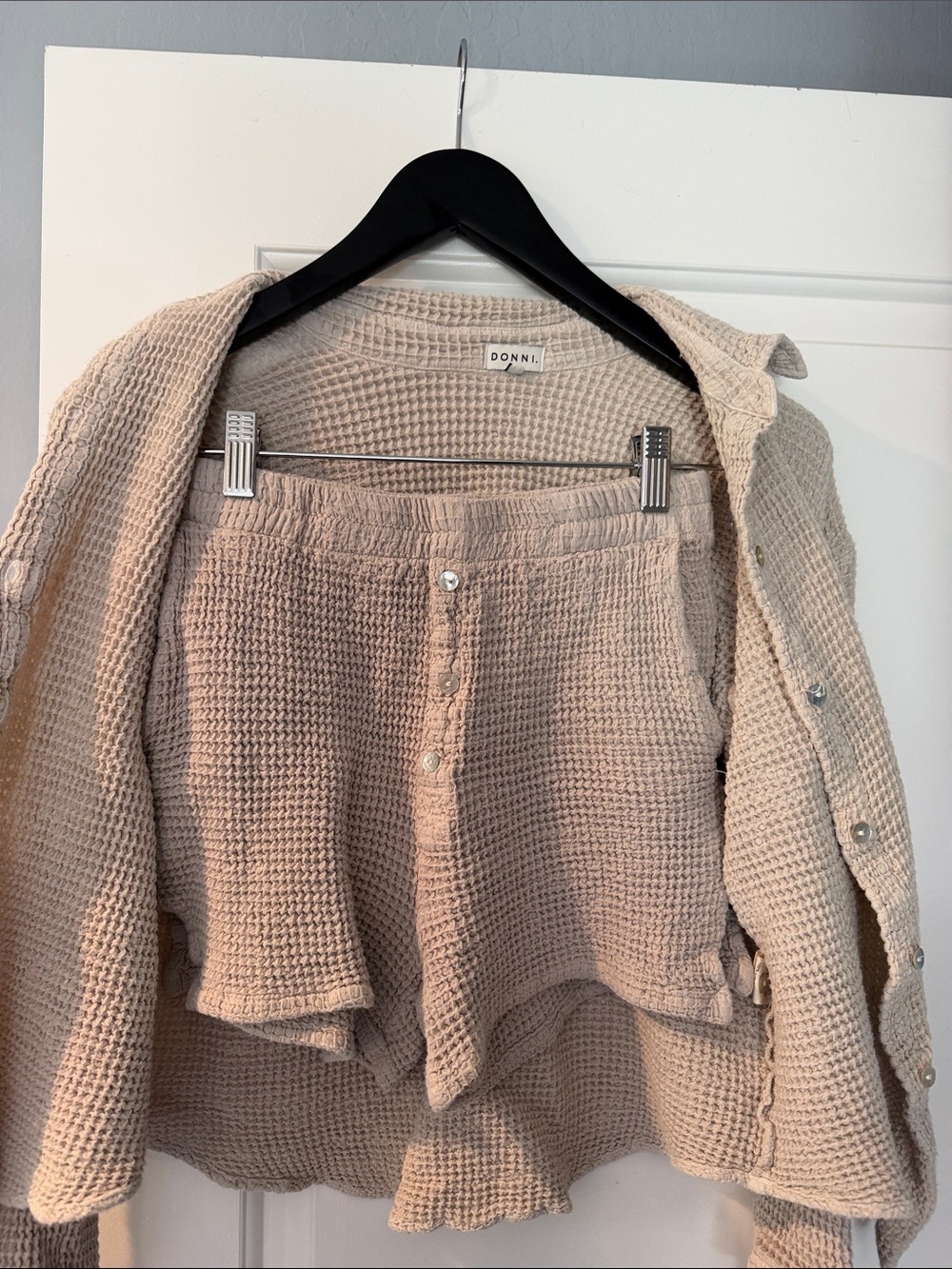 DONNI. Beige Waffle Knit Button-Up Shirt - Picture 2 of 4